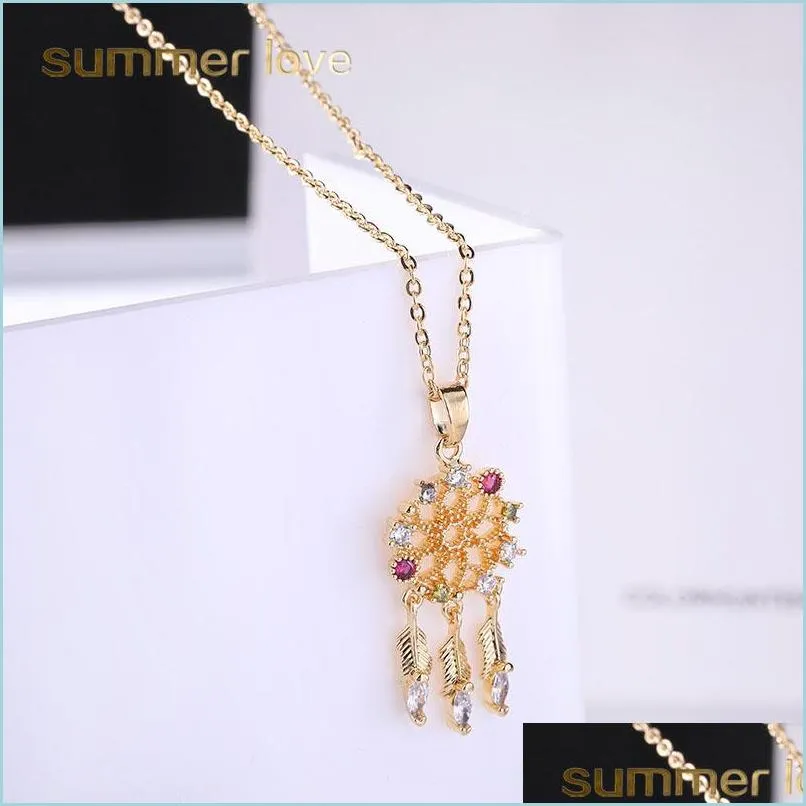  round hollow dream catcher copper inlaid zircon pendant necklace for women long leaf feather tasssel pendant jewelry gift