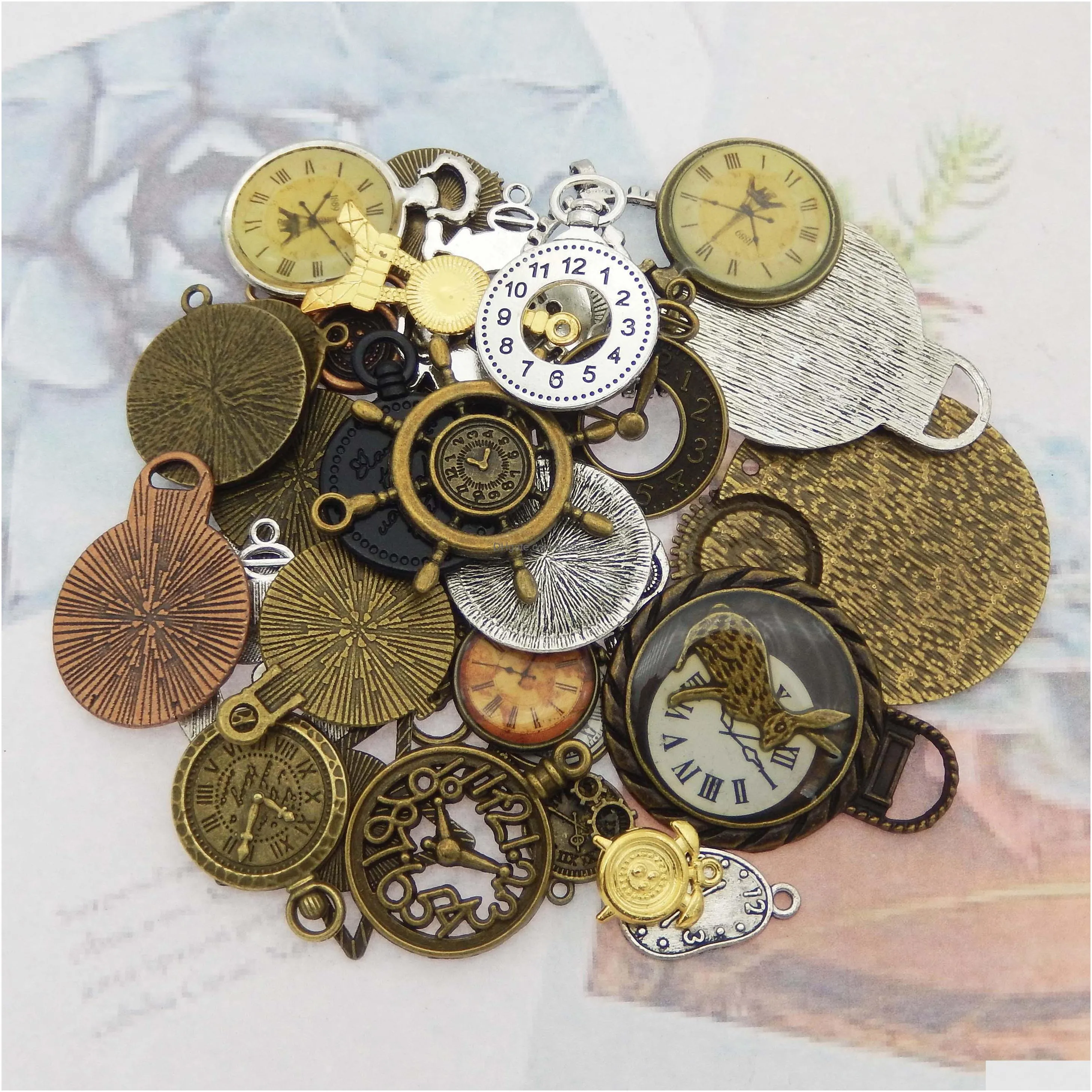 30pcs random mixed clock watch face components charms alloy necklace pendant finding jewelry making steampunk diy accessory