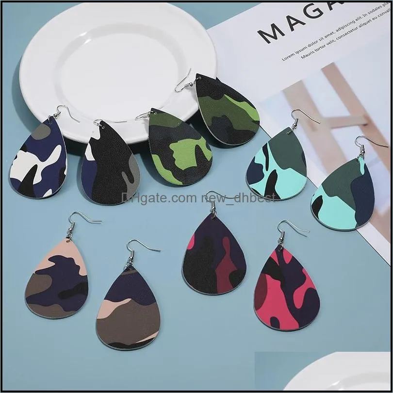  classic camouflage faux pu leather dangle earrings for women bohemian water drop earring two sides printing fashion design jewelry