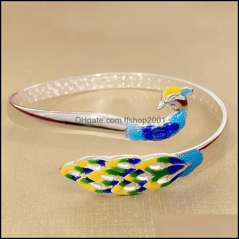 peacock bangle bracelet luxury jewelry for women fashion creative ethnic style bluegreen open bracelet female gift silver cuff