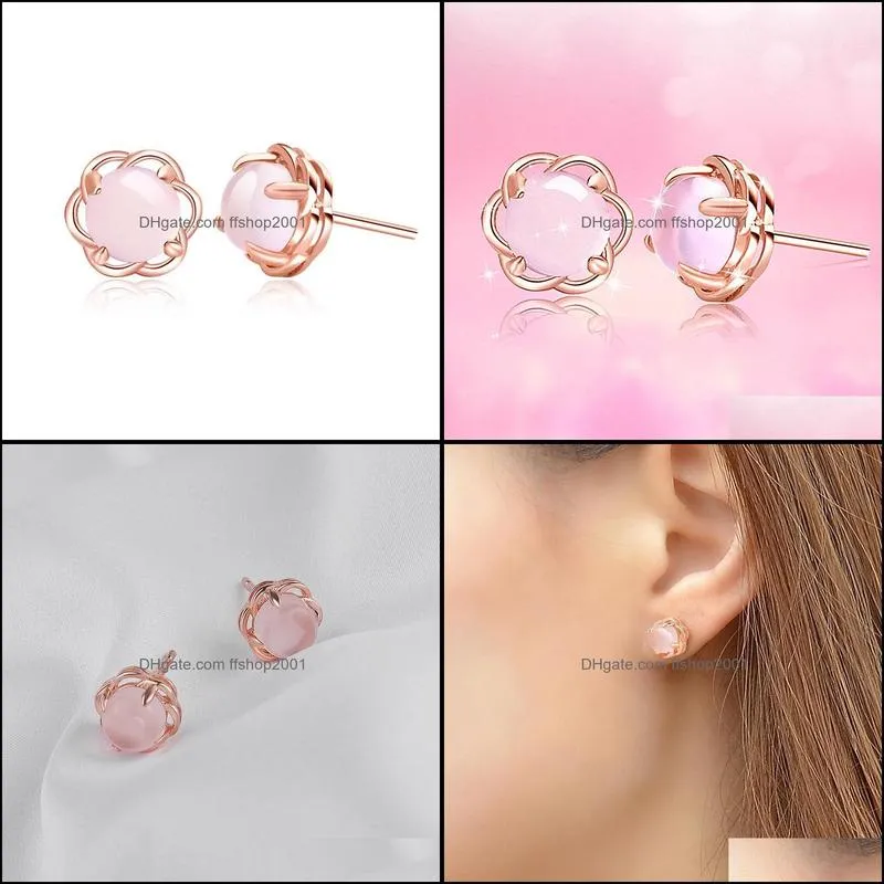 fashion natural pink crystal stud earrings feminine cute simple hibiscus stone round stud earrings rose gold plated earrings