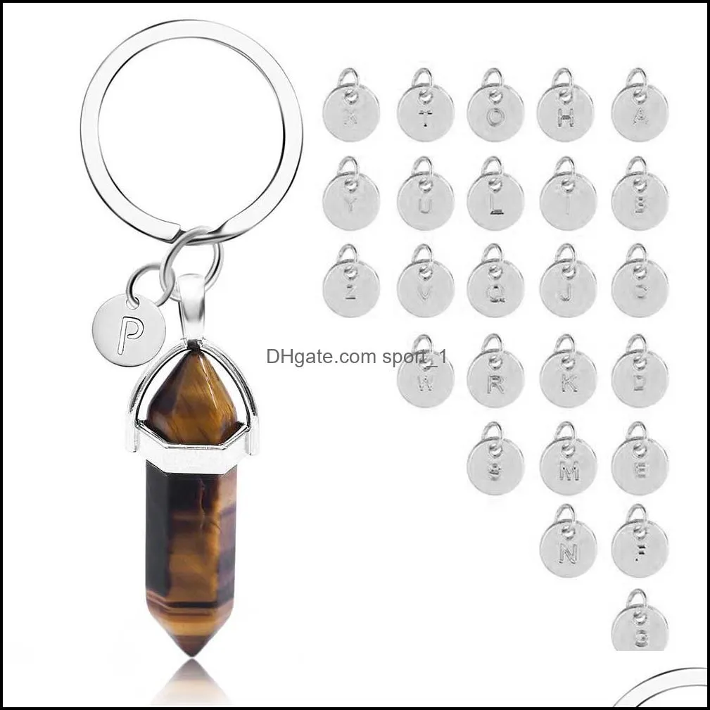nature stone bullet pendant keyring for women men 26 initial letter keychain healing crystal keyholder fashion jewelry