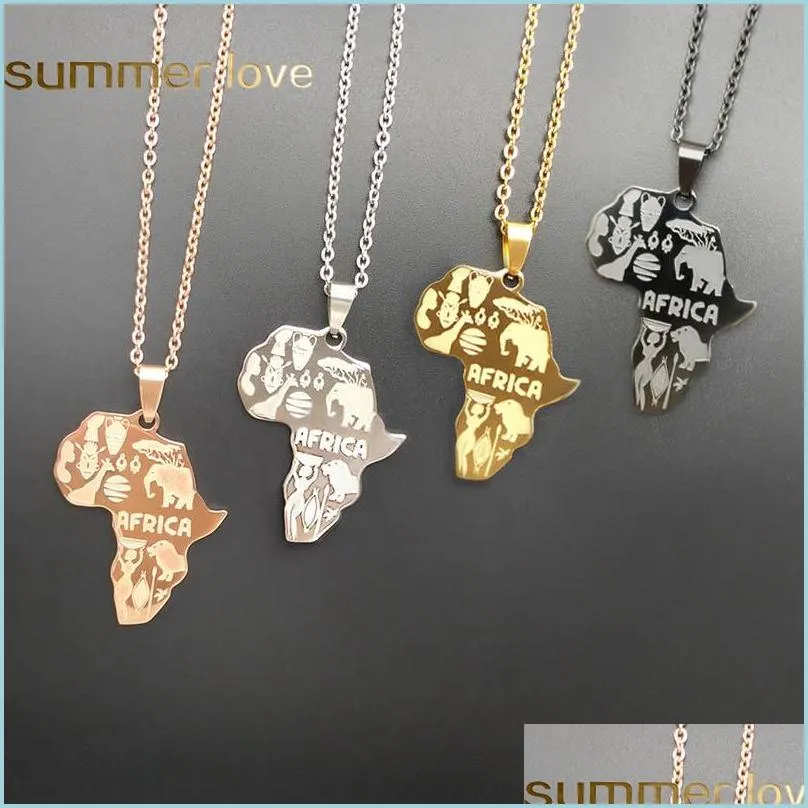 4 color africa map pendant necklace for women men fashion hip hop stainless steel chain necklace jewelry wholesale