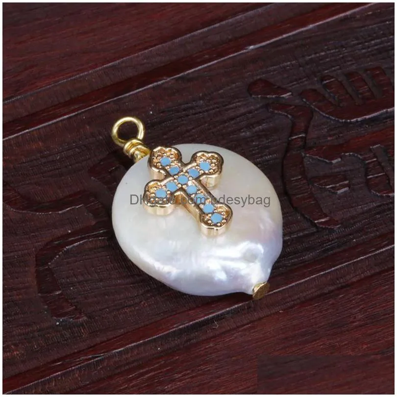 charms white blue fuchsia mint cz tiny religious cross freshwater pearl pendant bead charm for choker earring jewelry makingcharms