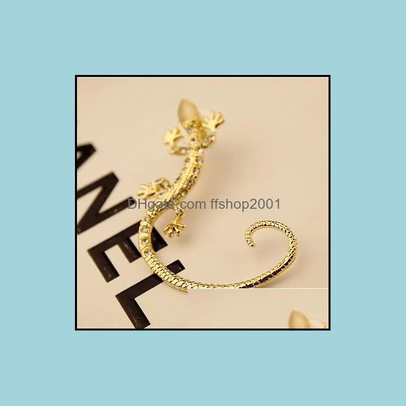 cip on earrings fashion rhinestone earrings ear cuff luxury elegant rose gold exaggerated gecko lizard stud earrings