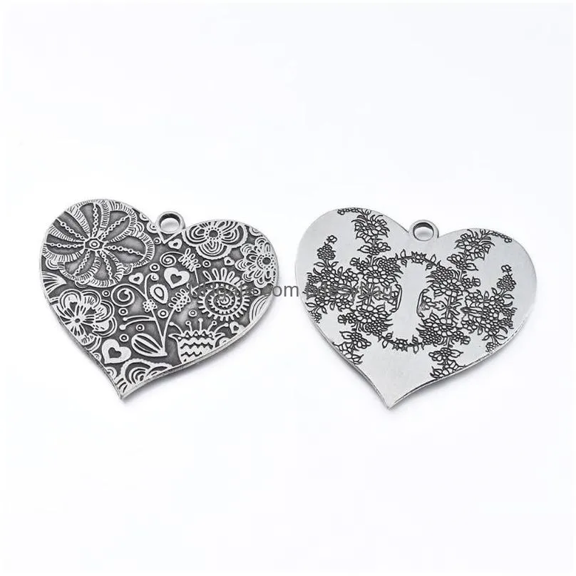 charms 2 pcs 53x58x2mm heart tibetan style alloy big pendants flower pattern for diy necklaces jewelry making supplies