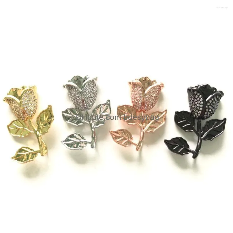 charms 5pcs rose flower for women bracelet making girl necklace pendants bling cubic zirconia paved jewelry accessory wholesale