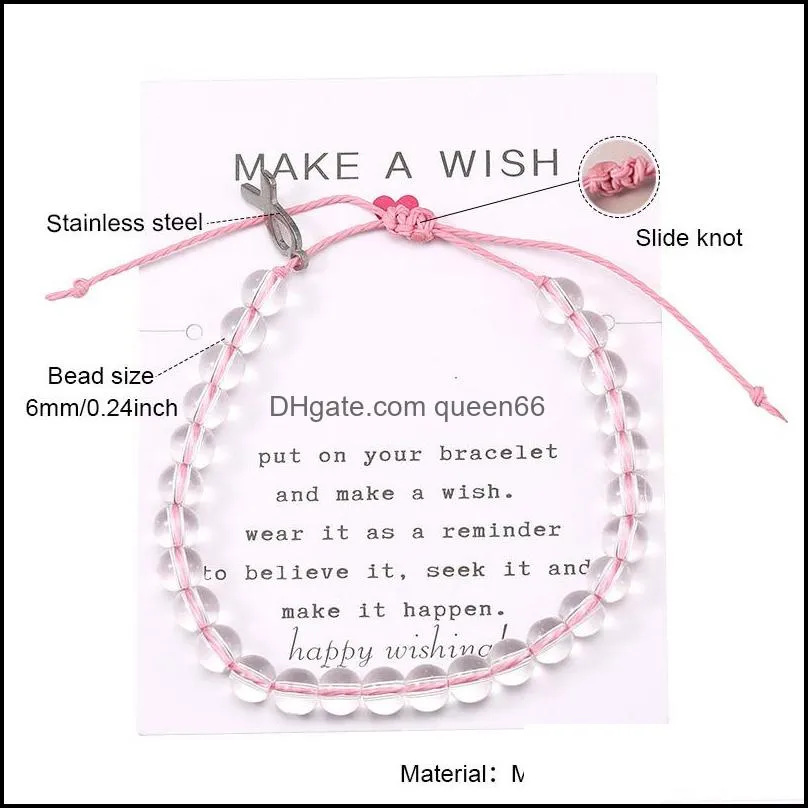 breast cancer awareness bracelet clear glass beads charm bracelet with make a wish card for women men handmade woven rope bracelet