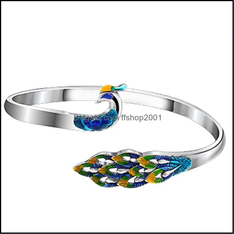 peacock bangle bracelet luxury jewelry for women fashion creative ethnic style bluegreen open bracelet female gift silver cuff