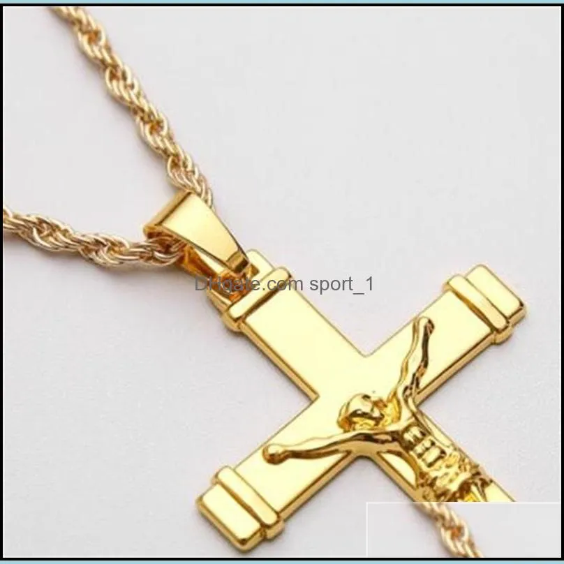 24k gold plated jesus christ cross pendant necklace hip hop rap golden crucifixio cuban chain necklace men jewelry 2245