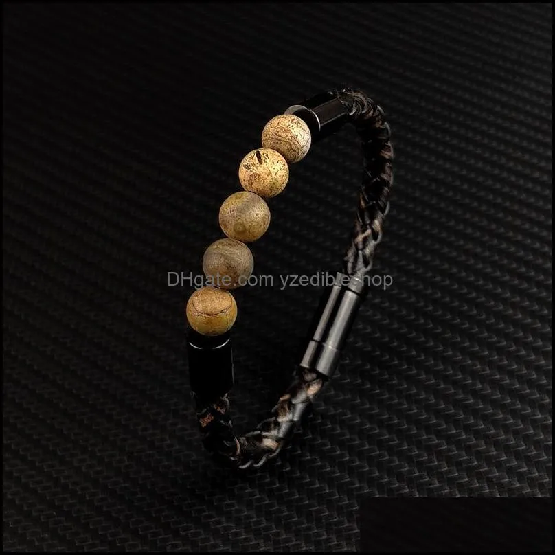 titanium steel chakra jewelry of rye black vulcan beads braclet stone leather bracelets 594 t2