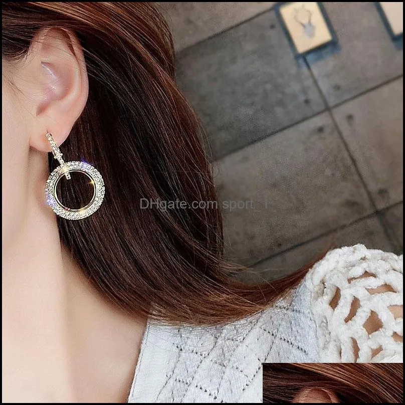 high fashion round geometric rhinestone shiny drop earrings for women handmade rose gold copper hoop earring with steel pin