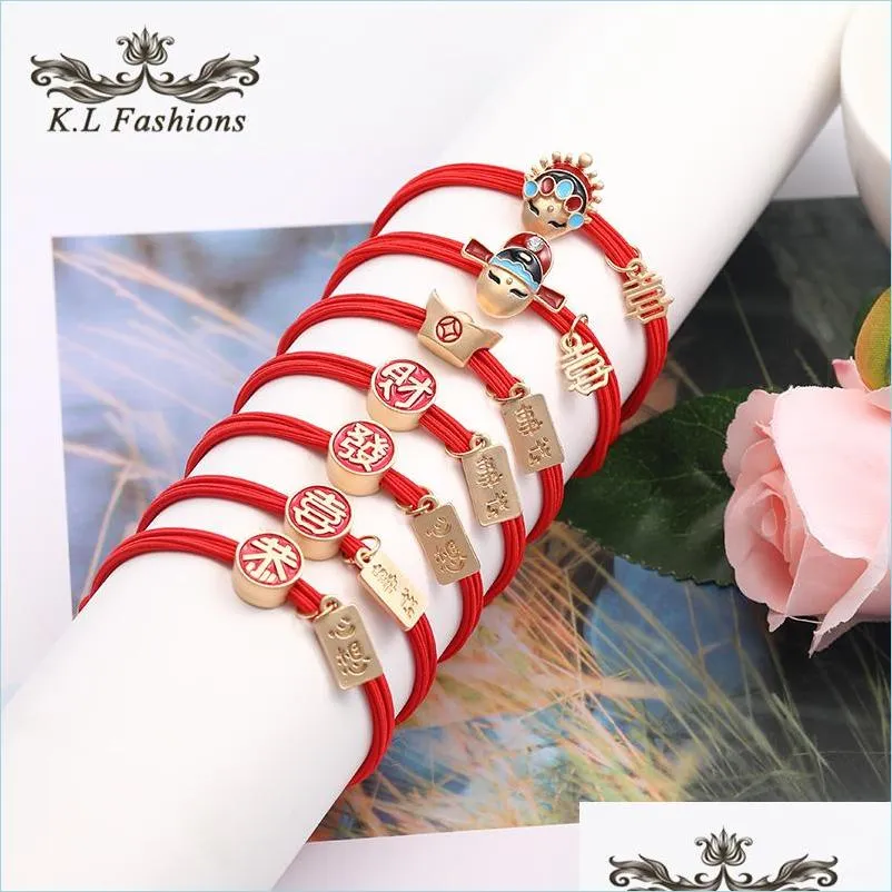 chinese style women girls cute hair rubber bands ponytail holder rope lucky red charm bracelet hair accessories elastic