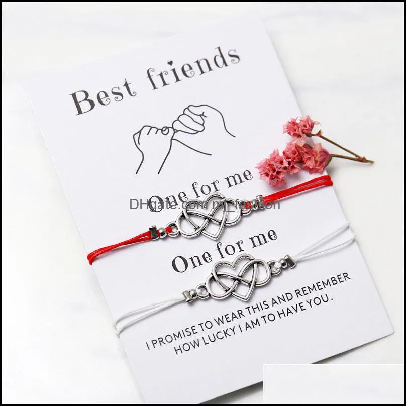 bohemian heart couples pendant bracelets set for women men handmade braided rope knot bracelet friend wish with card jewelry 2pcs set