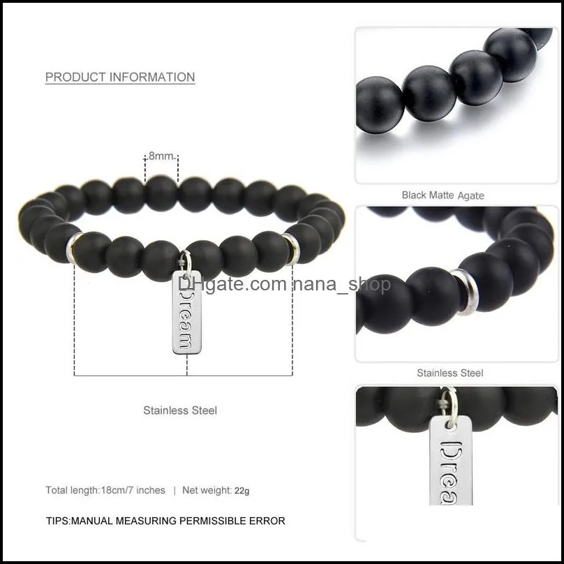 8mm black matte beads natural stone bracelets for men elasticity bracelet with anchor dream faith charm bracelets designer jewelry