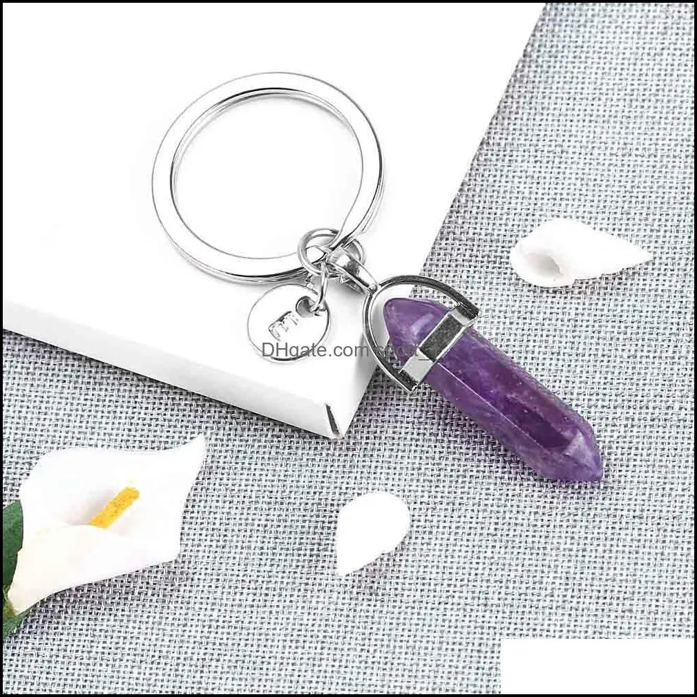 nature stone bullet pendant keyring for women men 26 initial letter keychain healing crystal keyholder fashion jewelry