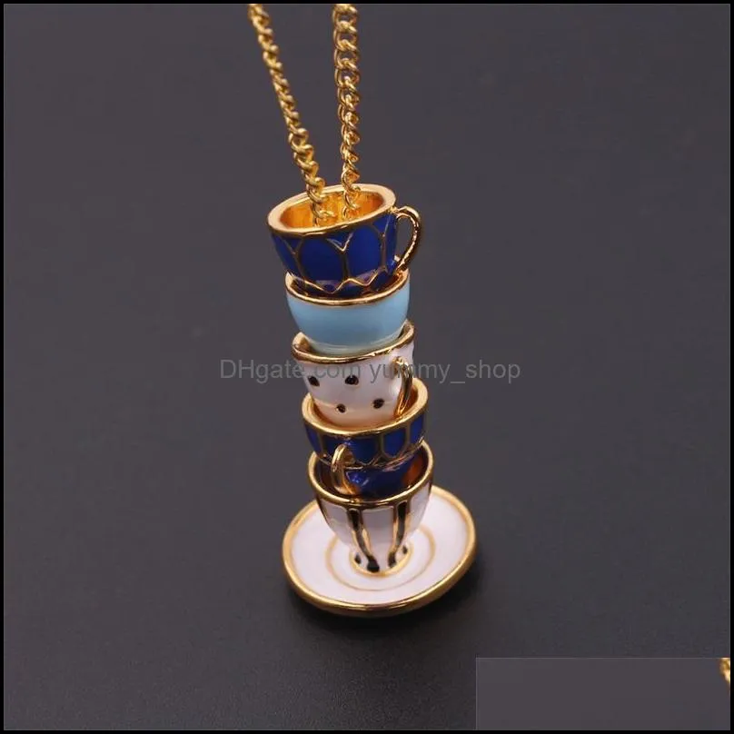 beaded type stack cup pendant necklace handpainted enamel necklace tea cup pendant three dimensional creative girl jewelry gift 411