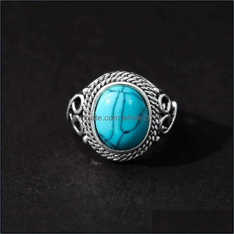 natural stone band blue turquoises finger rings vintage antique fashion jewelry for women 425c3