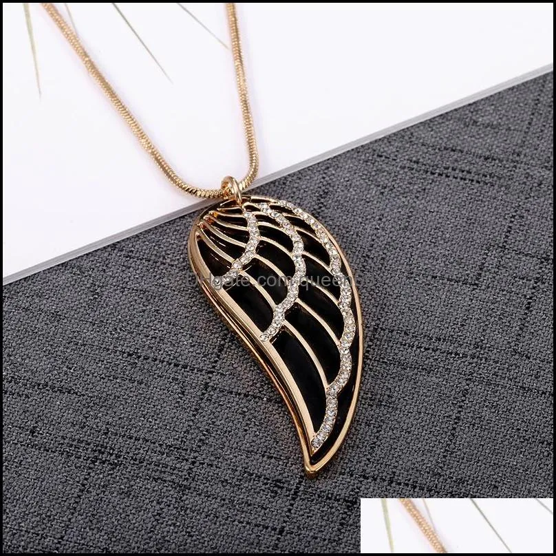 gold color crystal feather angel wing pendant necklace double layer long sweater chain statement jewelry collares for women