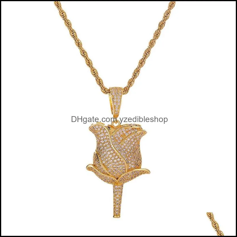 hip hop rose flower pendant necklace with rope chain iced out cubic zircon bling men jewelry 1005 b3