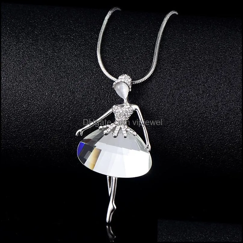 elegant ballet dancer angel pendant necklace long chain austrian crystal statement necklace for women collier bijoux mujer