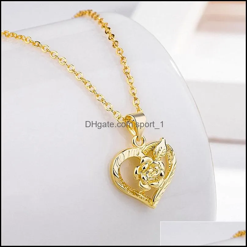 fashion 24 k fine gold gf dubai romantic heart love rose pendant necklace earrings sets wedding png jewelry sets for women 510 q2