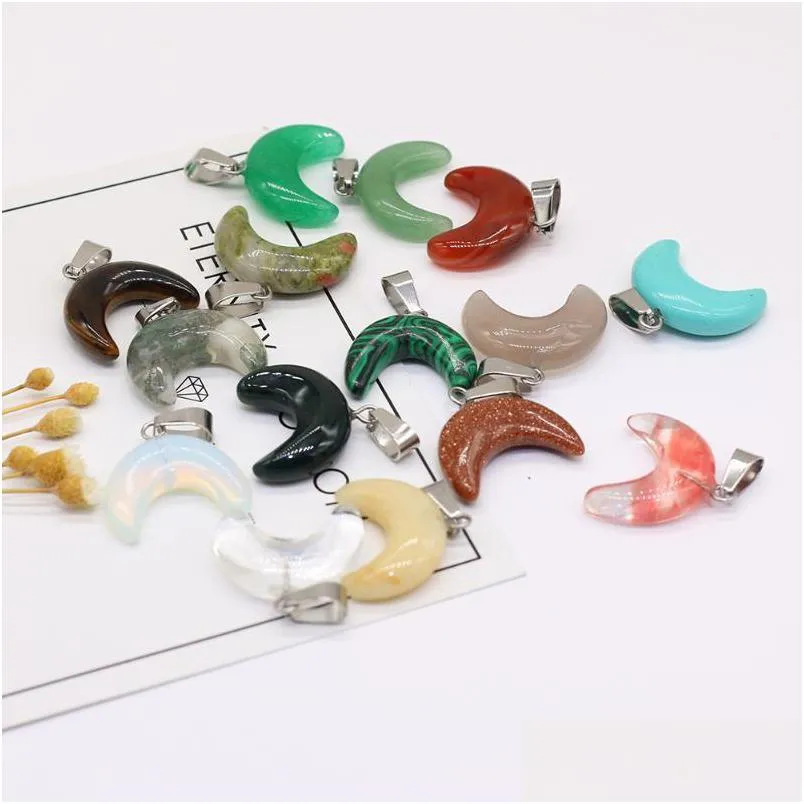 charms natural stone semiprecious quartz mineral gem moon shape pendant for making diy necklace accessories gifts size 20x18mm