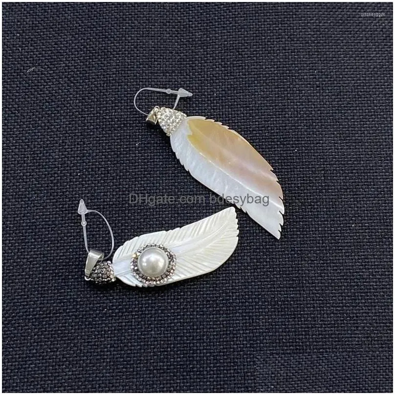 charms natural freshwater shell pendant 25x70mm inlaid diamond pearl feather charm jewelry making diy necklace accessories