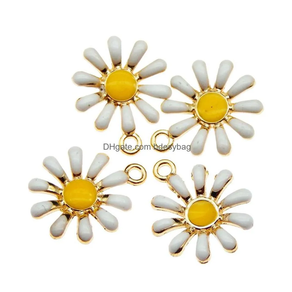 wholesale 60pcs women charm lady jewelry gold tone sunflower enameled daisy shape alloy charm pendantsdiy jewelry crafts