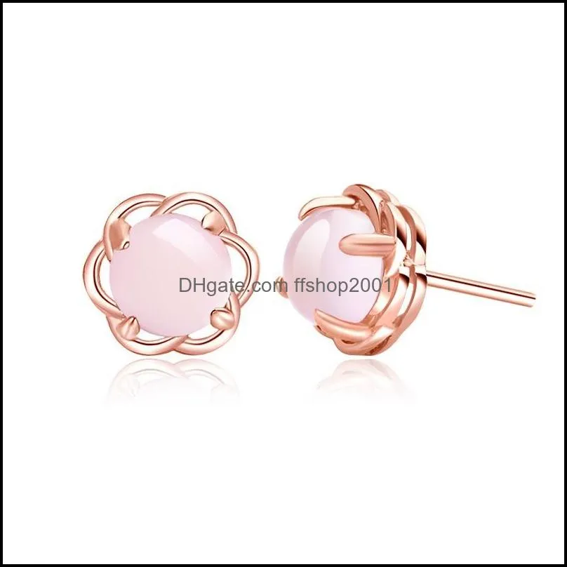 fashion natural pink crystal stud earrings feminine cute simple hibiscus stone round stud earrings rose gold plated earrings