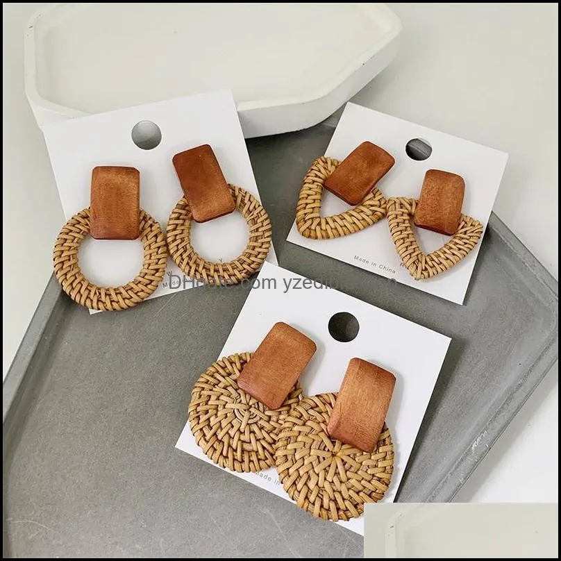 fashion creative wooden round rattan earrings bohemian geometric stud earrings handmade personality earrings