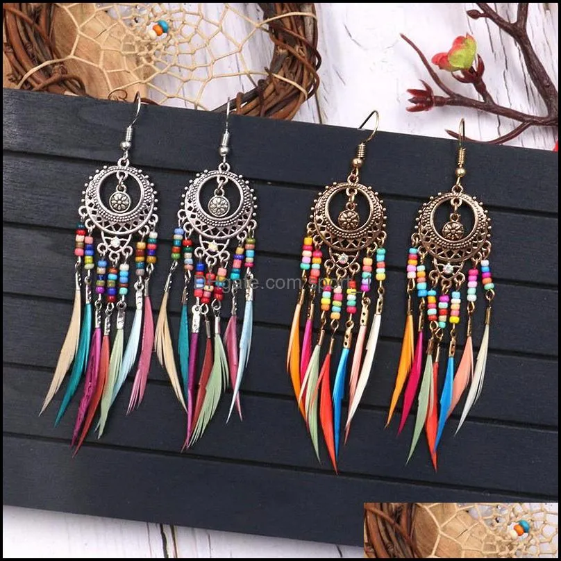 golden silver vintage ethnic rainbow colors beads feather dangle drop earrings for women female wedding tassel earrings fashion