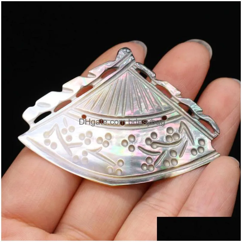 charms natural freshwater shell pendant black carved hollow fan diy hairpin necklace jewelry accessory 40x55mmcharms