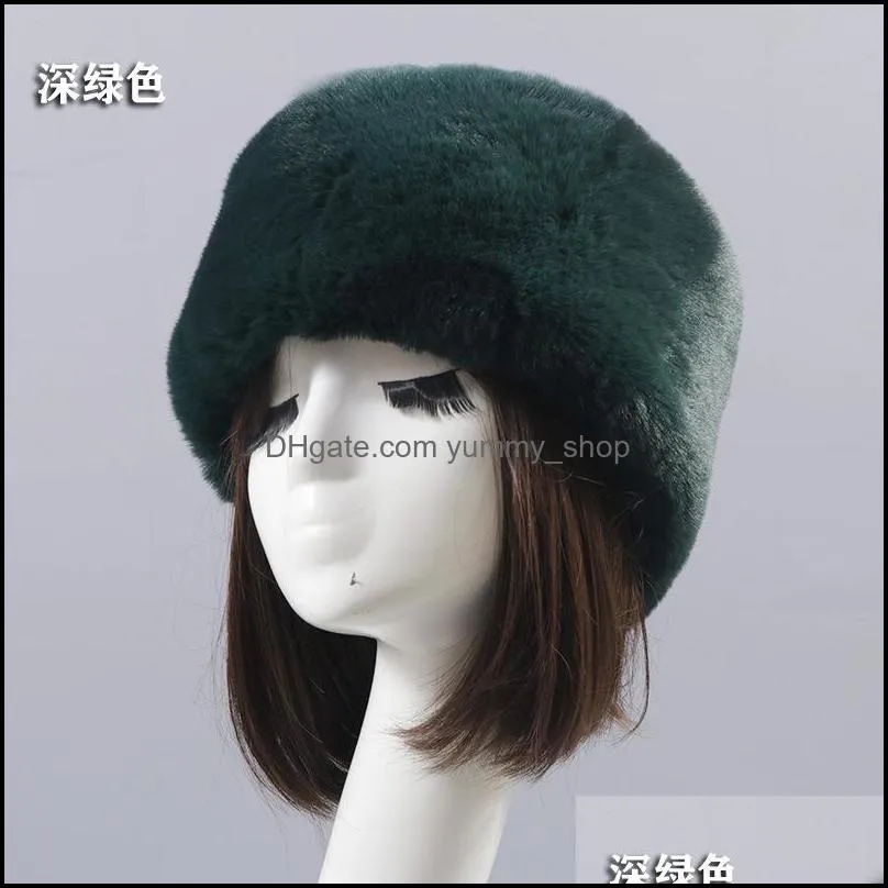 dark green flat roof fluffy snow year winter plush thick fur hat faux fox furry cap head warmer outdoor hats women girl men 1942