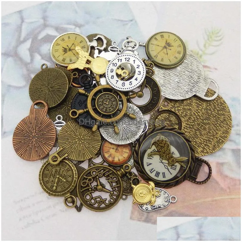 30pcs random mixed clock watch face components charms alloy necklace pendant finding jewelry making steampunk diy accessory