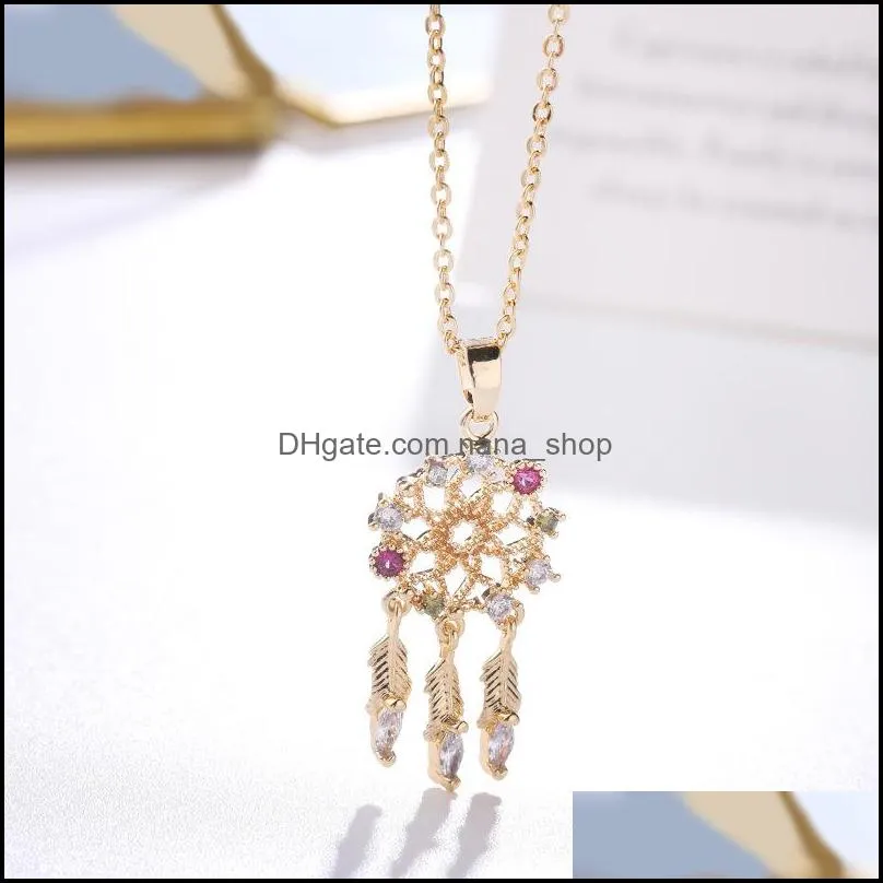  round hollow dream catcher copper inlaid zircon pendant necklace for women long leaf feather tasssel pendant jewelry gift