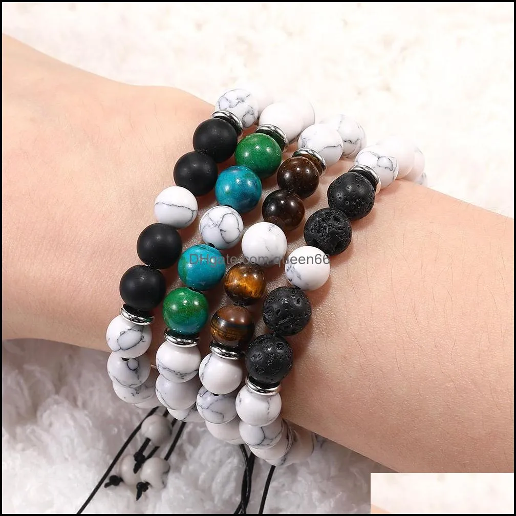 8mm handmade white agate black natural lava rock stone beads chakra bracelets for men women fashion elastic healing yoga bracelet