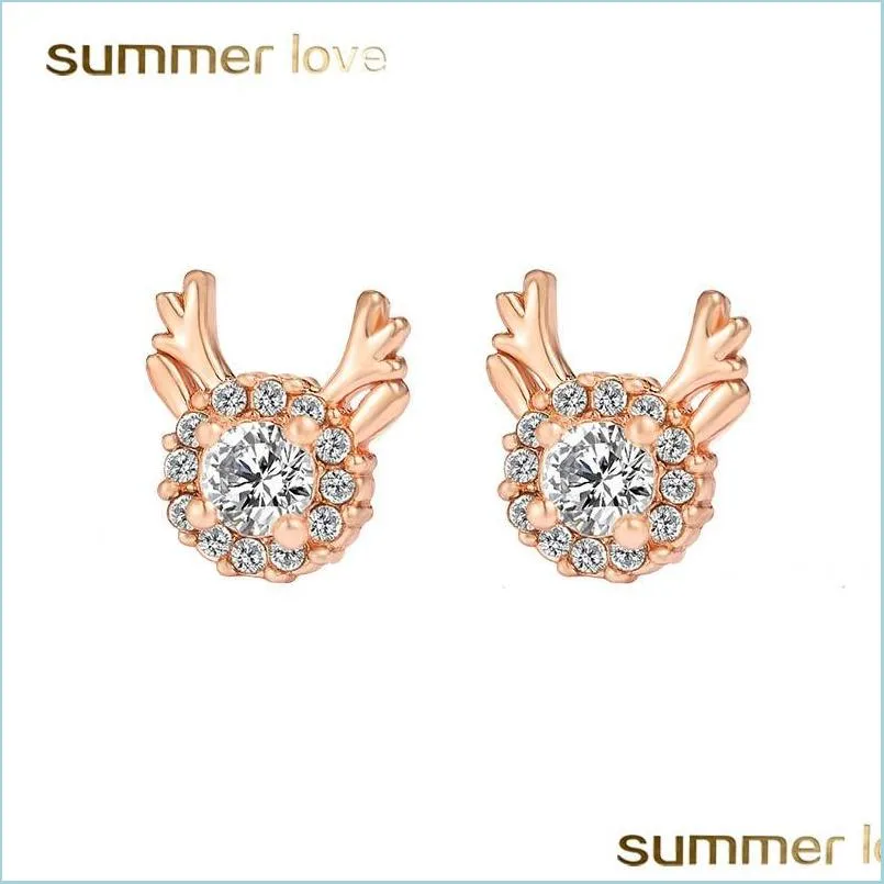  creative reindeer snowflake zircon stud earrings for women kids temperament small elk copper earrings christmas antler jewelry