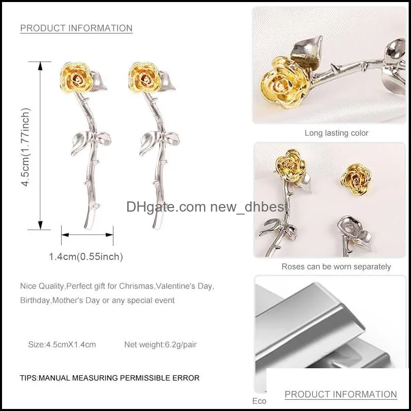 unique designer rose flower dangle earrings women creative detachable earrings gold silver rose stud earrings fashion jewelry valentines