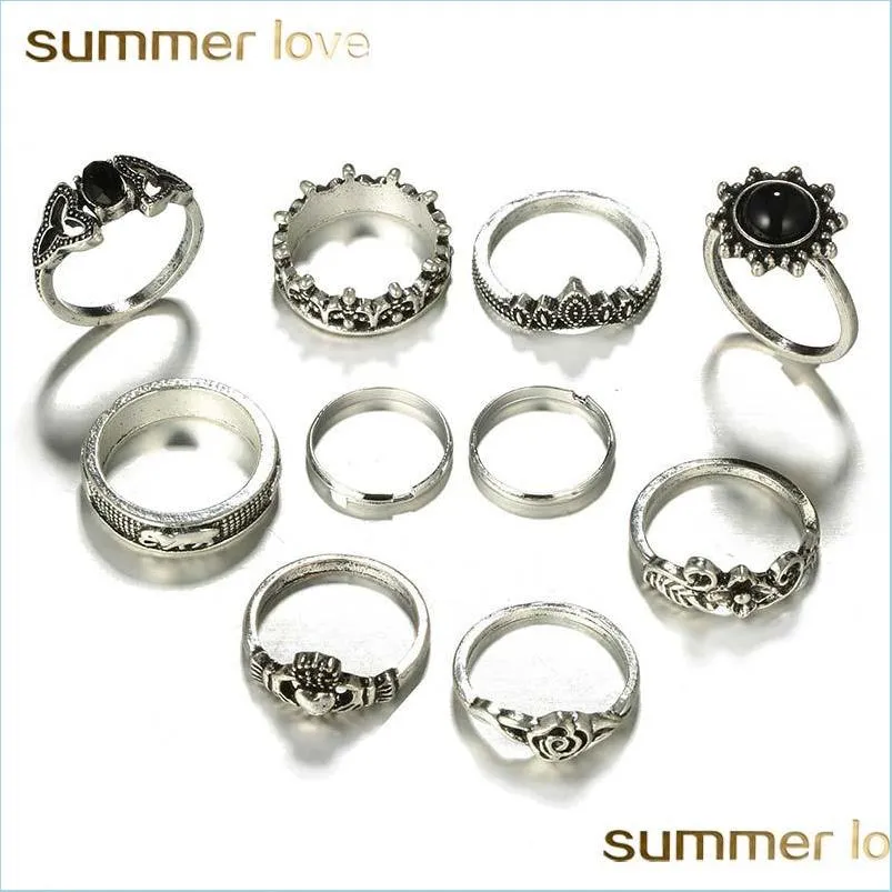 fashion hollow flower elephant heart shape ring set for women bohemia style big vintage alloy knuckle rings 10 pcs jewelry set