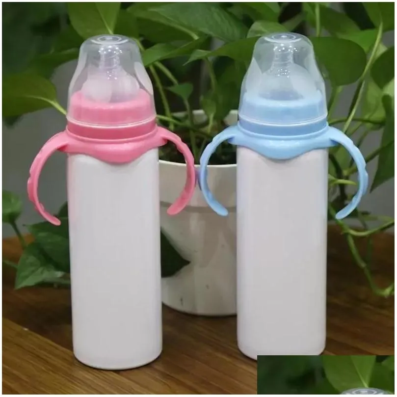 8oz blank sublimation baby feeding sippy bottle pink blue double wall vacuum nipple handle unbreakable water bottles dhs fy5153