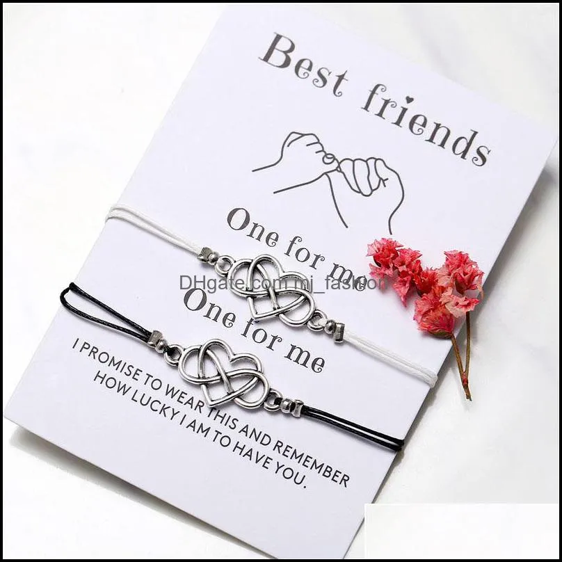 bohemian heart couples pendant bracelets set for women men handmade braided rope knot bracelet friend wish with card jewelry 2pcs set