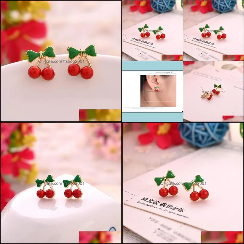 stud earrings wholesale promotion korean red cherry crystal rhinestone leaf drop earrings women statement earrings