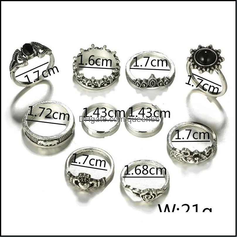 fashion hollow flower elephant heart shape ring set for women bohemia style big vintage alloy knuckle rings 10 pcs jewelry set