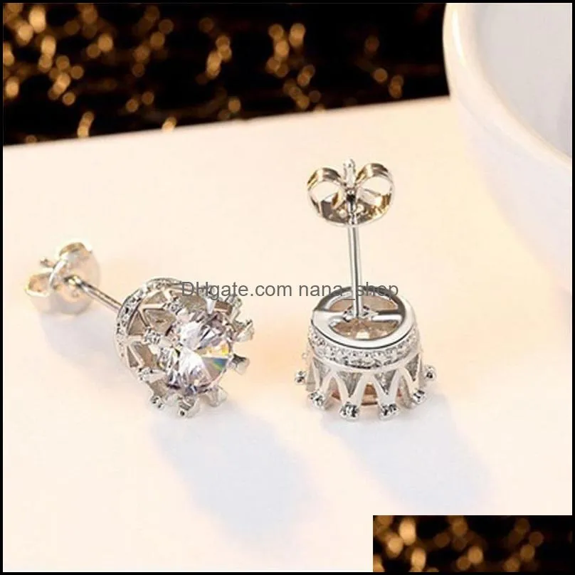 women korean crown stud earrings luxury silver gold clear purple blue cubic zirconia cz diamond ear rings for girl fashion jewelry bulk