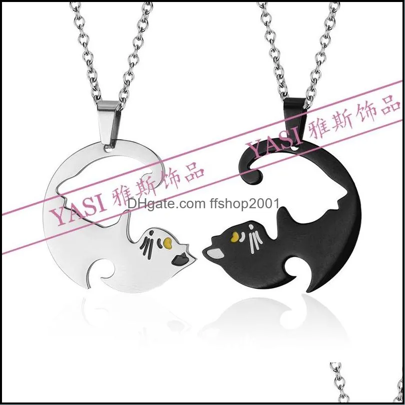 fashion creative 2 pcs titanium steel couple necklaces black and white kitten hug round splicing pendants