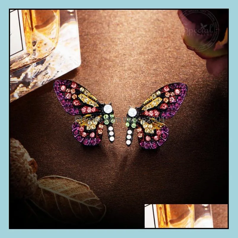 rhinestone butterfly stud earrings rainbow crystal insect birthday gift out full rhinestone jewelry