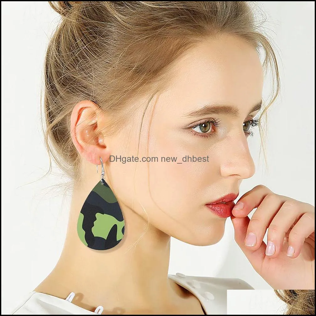  classic camouflage faux pu leather dangle earrings for women bohemian water drop earring two sides printing fashion design jewelry