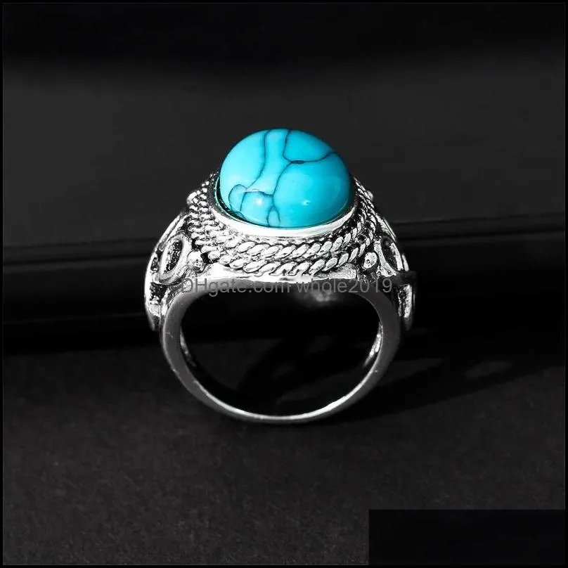 natural stone band blue turquoises finger rings vintage antique fashion jewelry for women 425c3