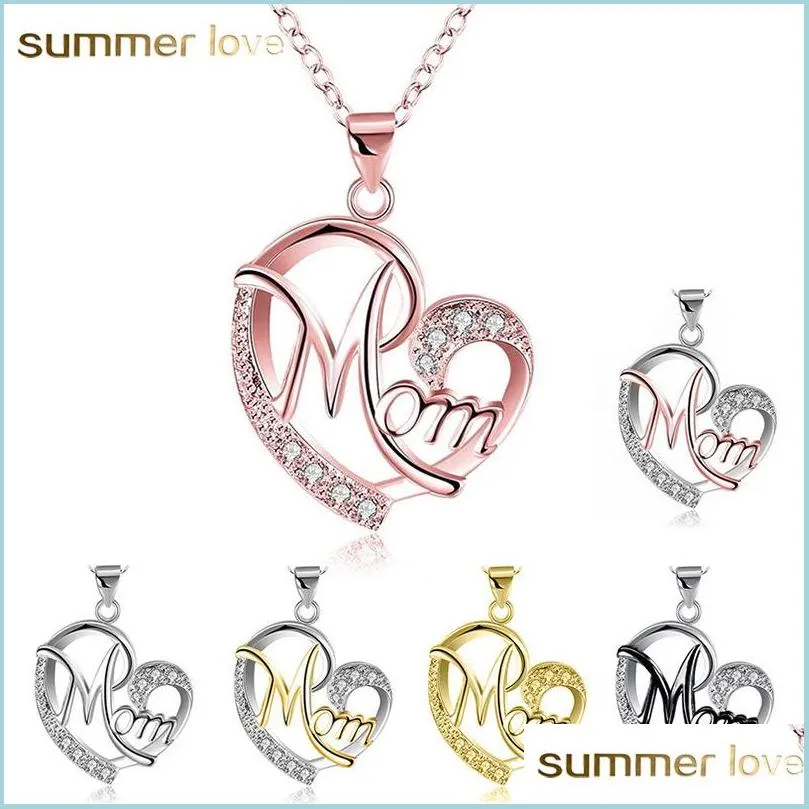 fashion 7 style heart with zircon mom love charm necklace love family jewelry mother pendant word gifts wholesale arrived